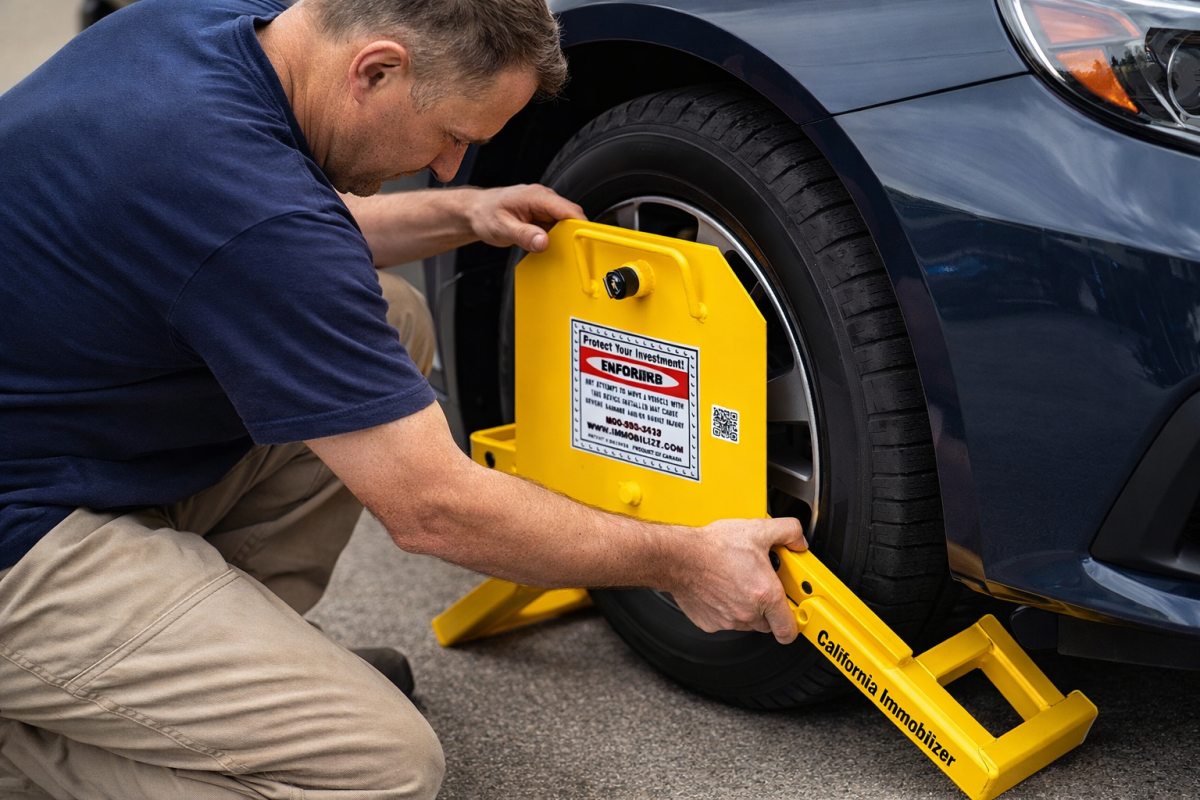 California Immobilizer commercial car wheel boot installed on vehicle tire in parking lot