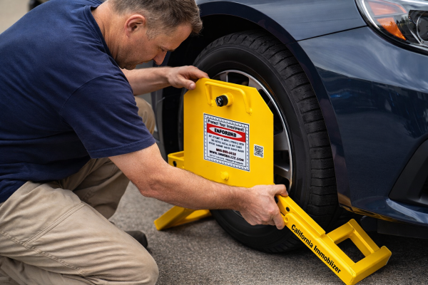 California Immobilizer commercial car wheel boot installed on vehicle tire in parking lot